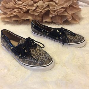 Sperry Leopard Black Biscayne Boat Shoe 8M